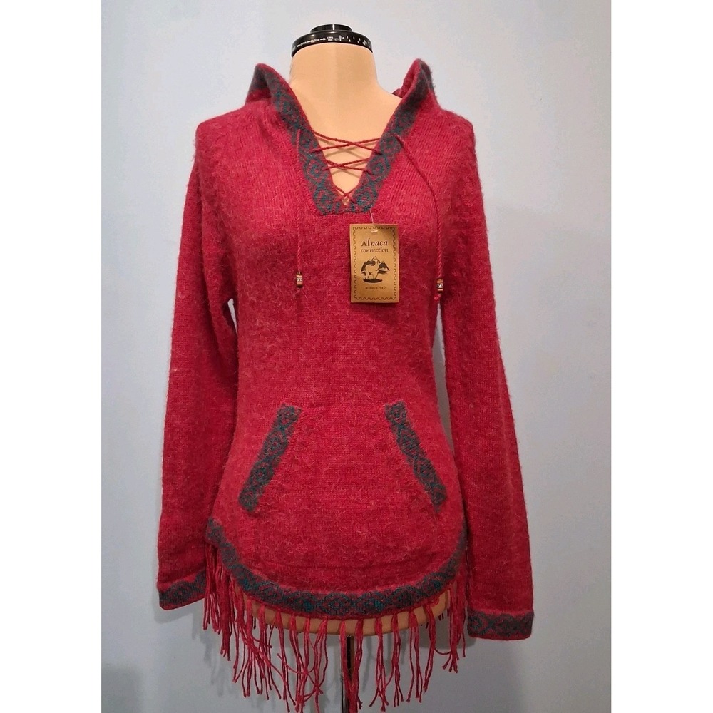 New Alpaca Connection Red Handmade Peruvian Alpaca Blend Knit Hooded Sweater Sm‎